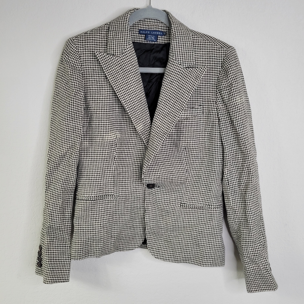 Ralph Lauren Blue Tahoe Houndstooth Linen Blazer Size 10